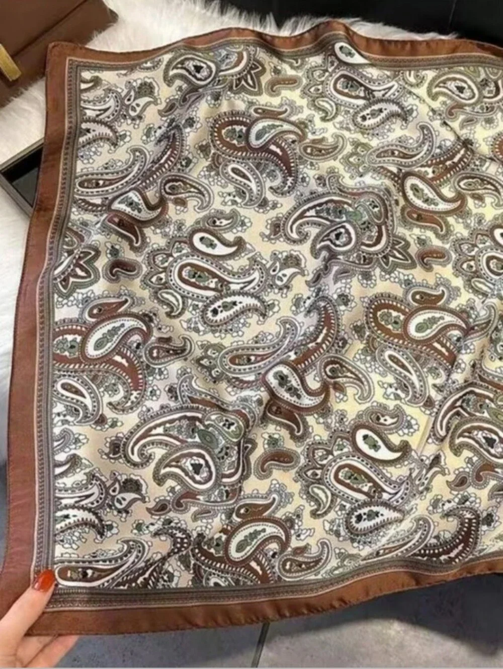 Silk-feel Paisley Scarf in Brown & Beige Head & Neck Scarf